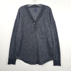 Gap V-Neck  Long Sleeve Black Gray Henley Women Sweatshirt Shirt L